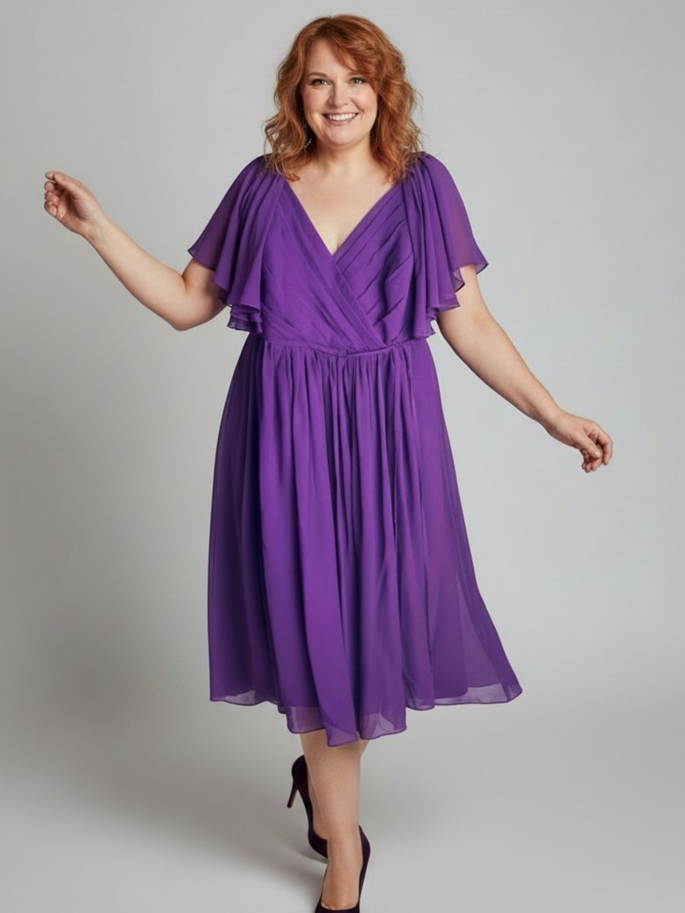 JJHouse Formal Dress w/Pleated Bodice and Fly Away Sleeves in Plus Sz 18W